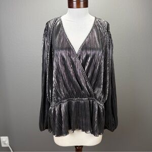 On 34th NWT GunMetal Pleated Faux wrap Surplice-Neck Peplum Top Sz 2X Party